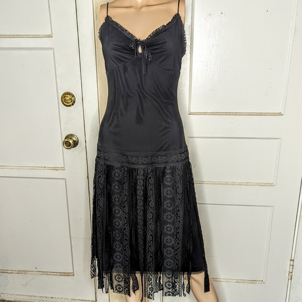 Vintage Betsey Johnson New York Black Lace Ribbon Drop Waist Midi Dress Size M